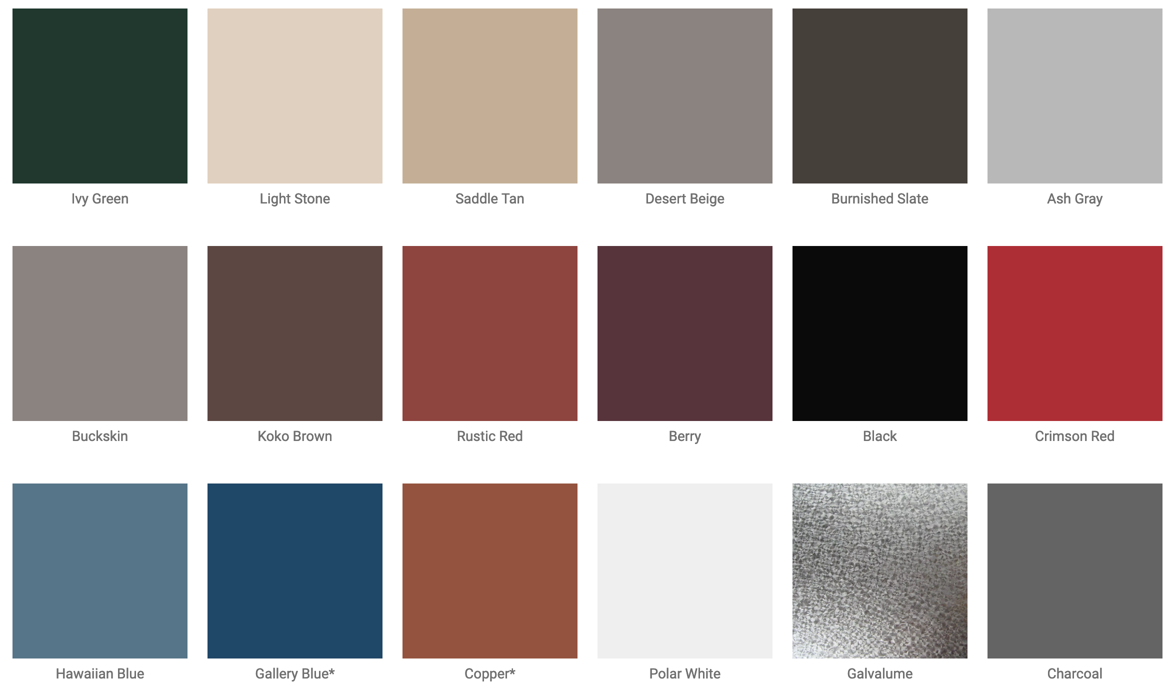 A color chart for choosing the color of metal roof.