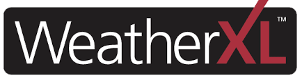 Weatherxl logo on a black background with metal color.
