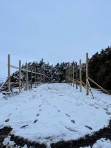 A snow covered path with wooden poles in the snow.