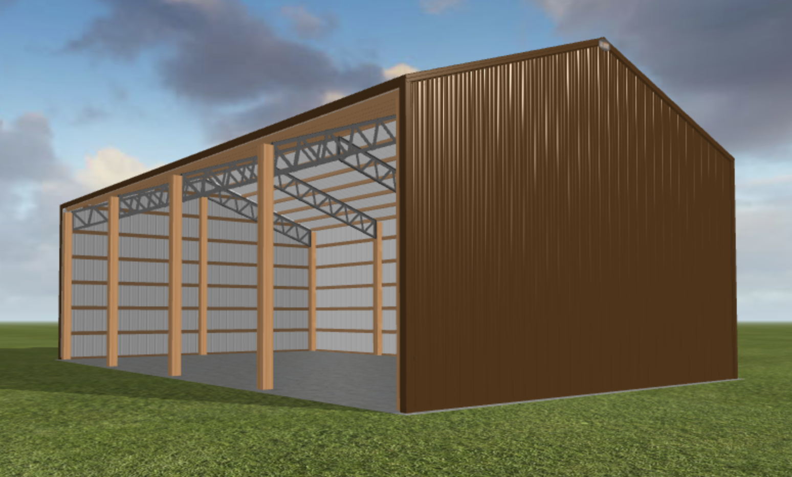 A 3d rendering of a barn with a metal roof.