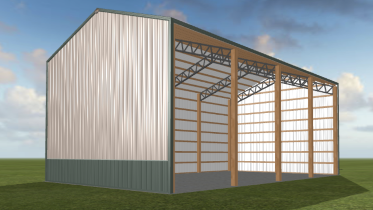A 3d rendering of a barn with a roof.