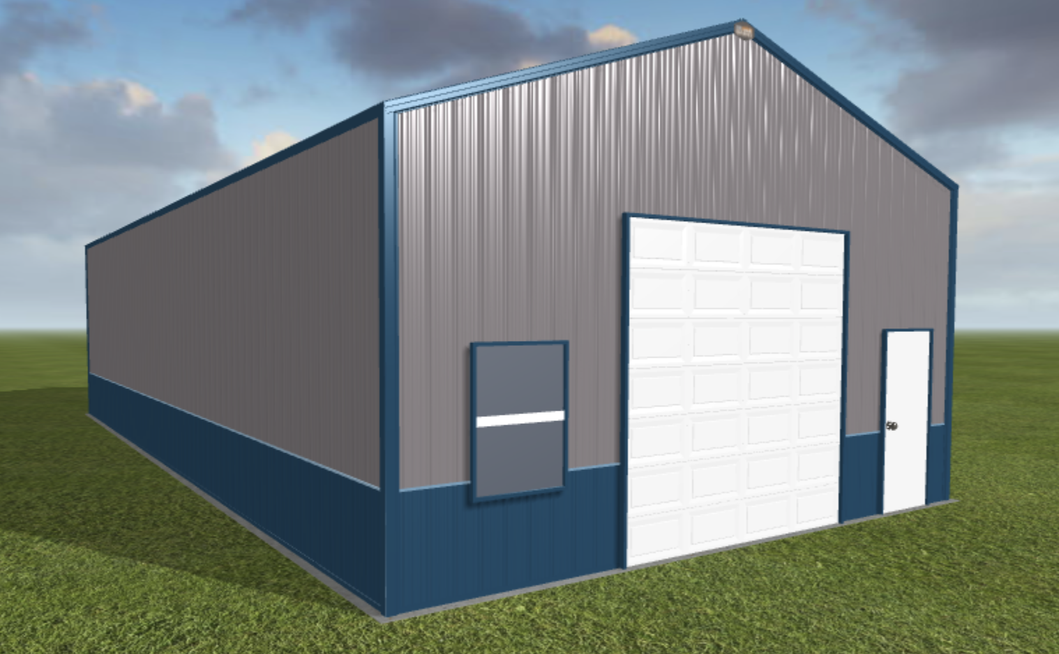 A 3d rendering of a metal building with a blue door.