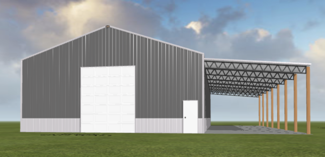 A 3d rendering of a metal barn.