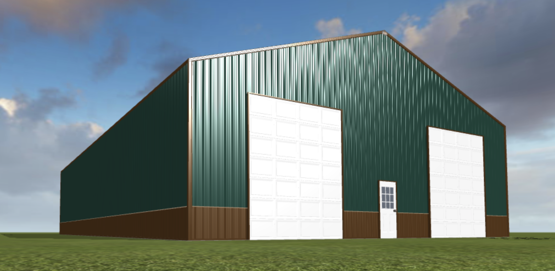 A 3d rendering of a green metal building.