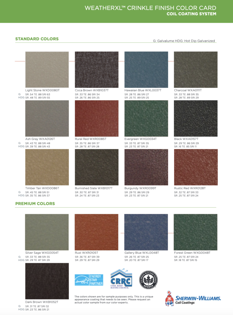 A color chart displaying the various options for choosing a metal roof color.